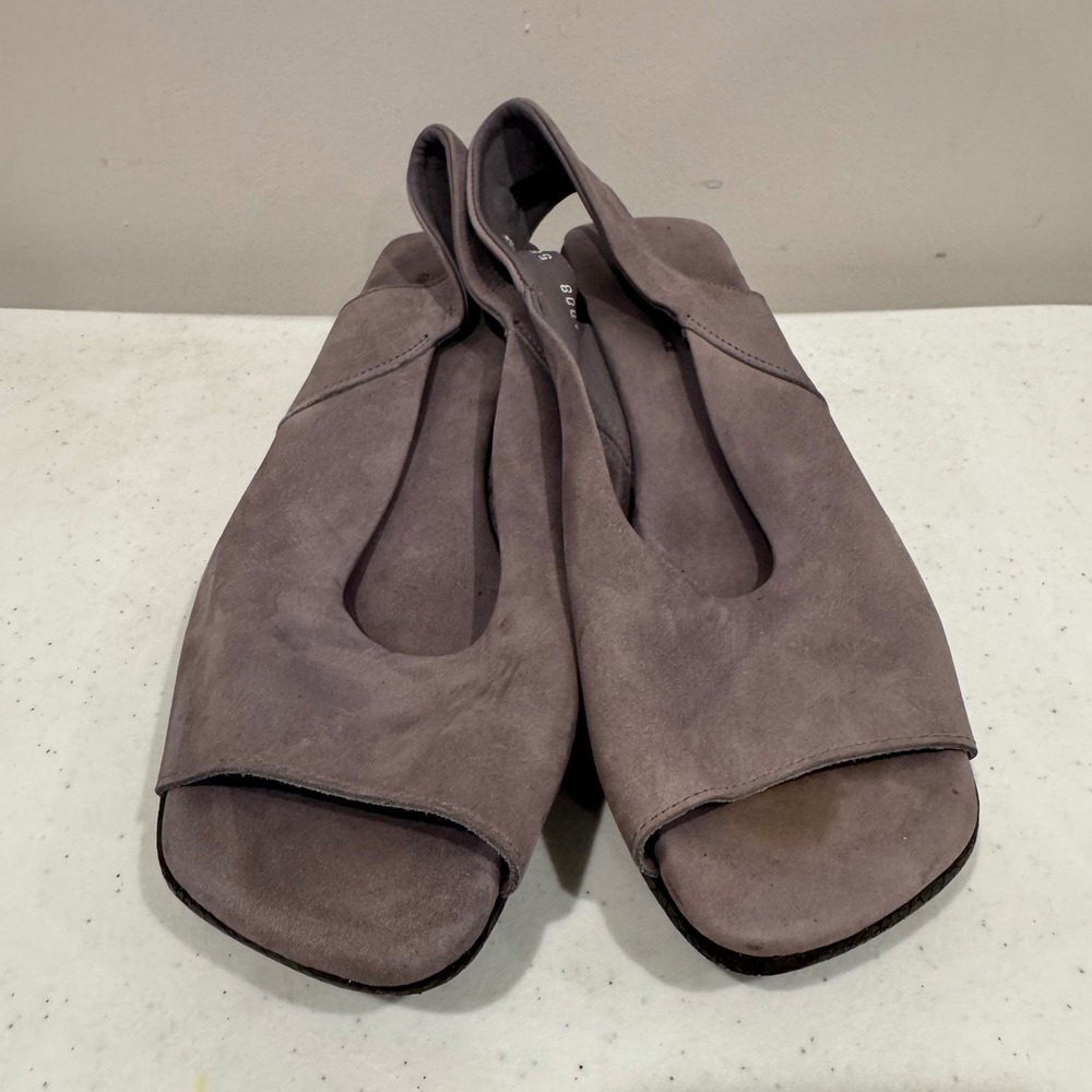 Arche France Mauve Grey Nubuck Leather Peep Toe Slingback Wedge Sandals 40 8